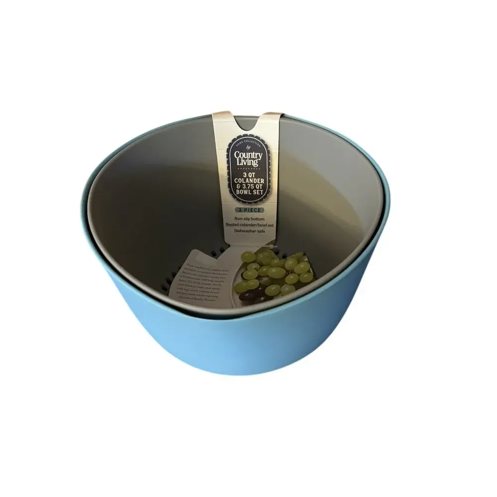 Country Living Stackable Bowl & Colander Set Teal Blue Gray Plastic-New